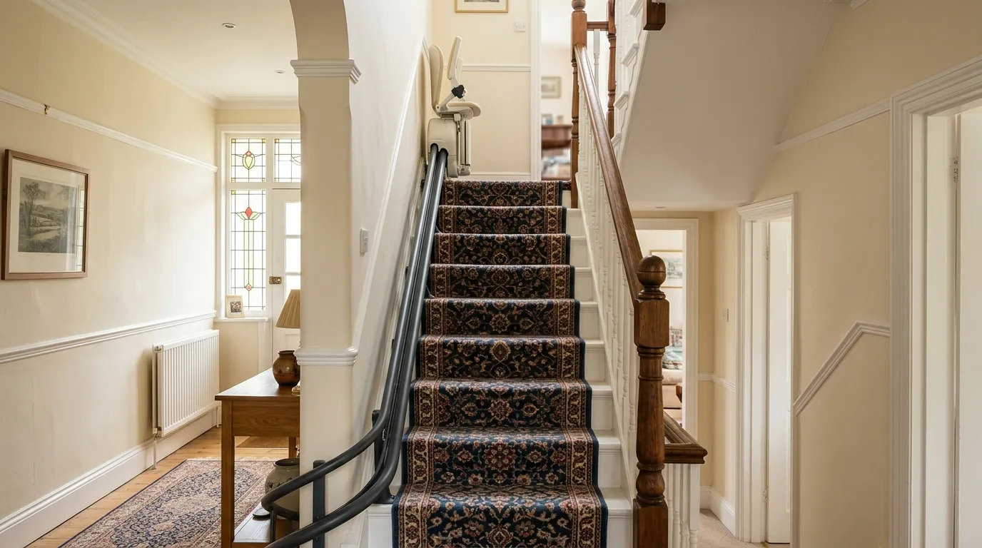Stairlift fitted on a carpeted staircase in a UK home