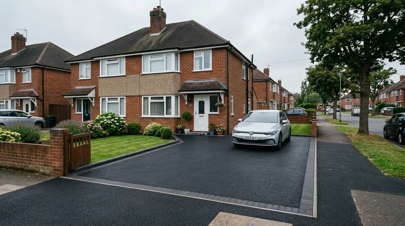 Newly laid tarmac driveway with neat edging at a British semi-detached house