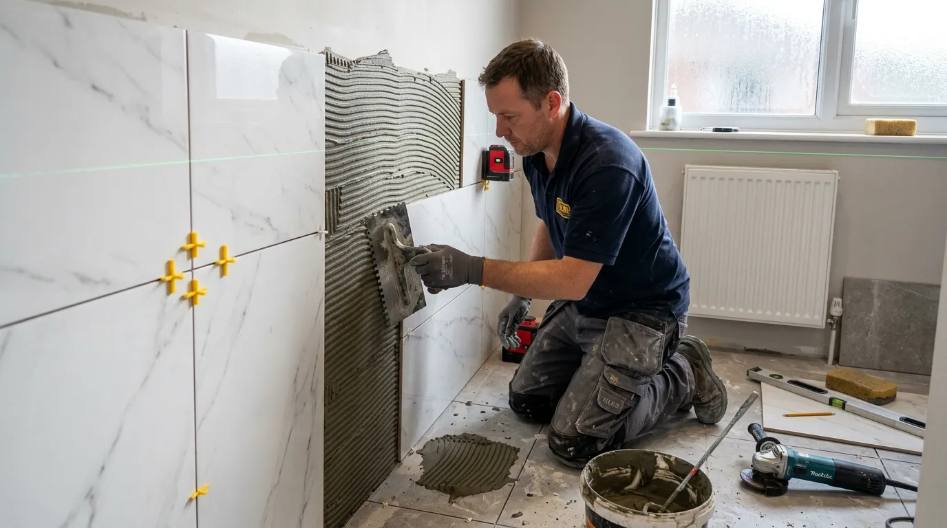 Professional tiler fitting wall tiles in a UK bathroom