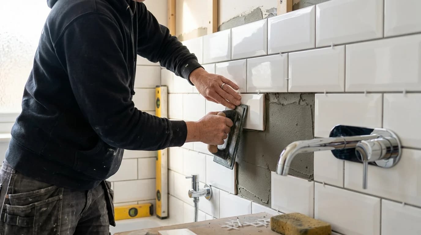 Completed wall and floor tiling in a modern bathroom