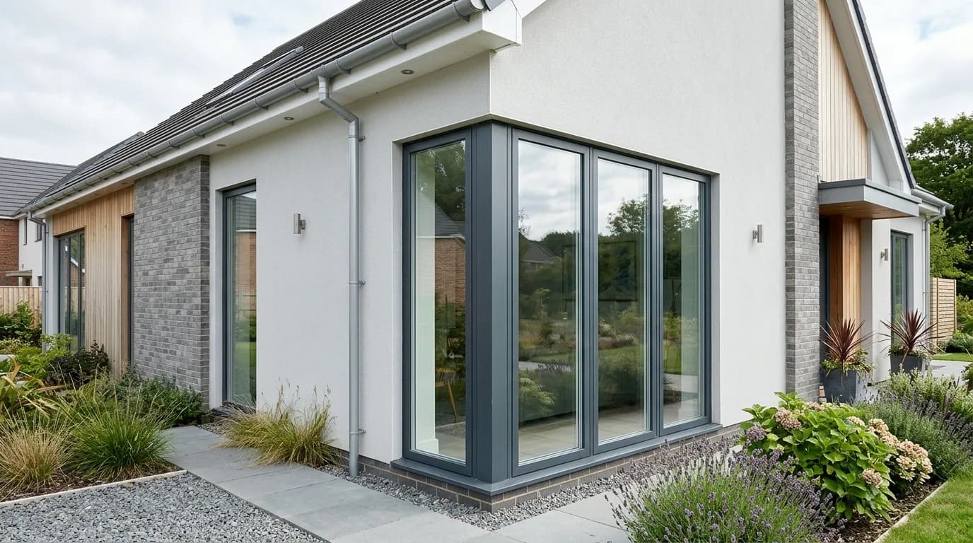 Triple glazed windows with anthracite aluminium frames on a modern British home