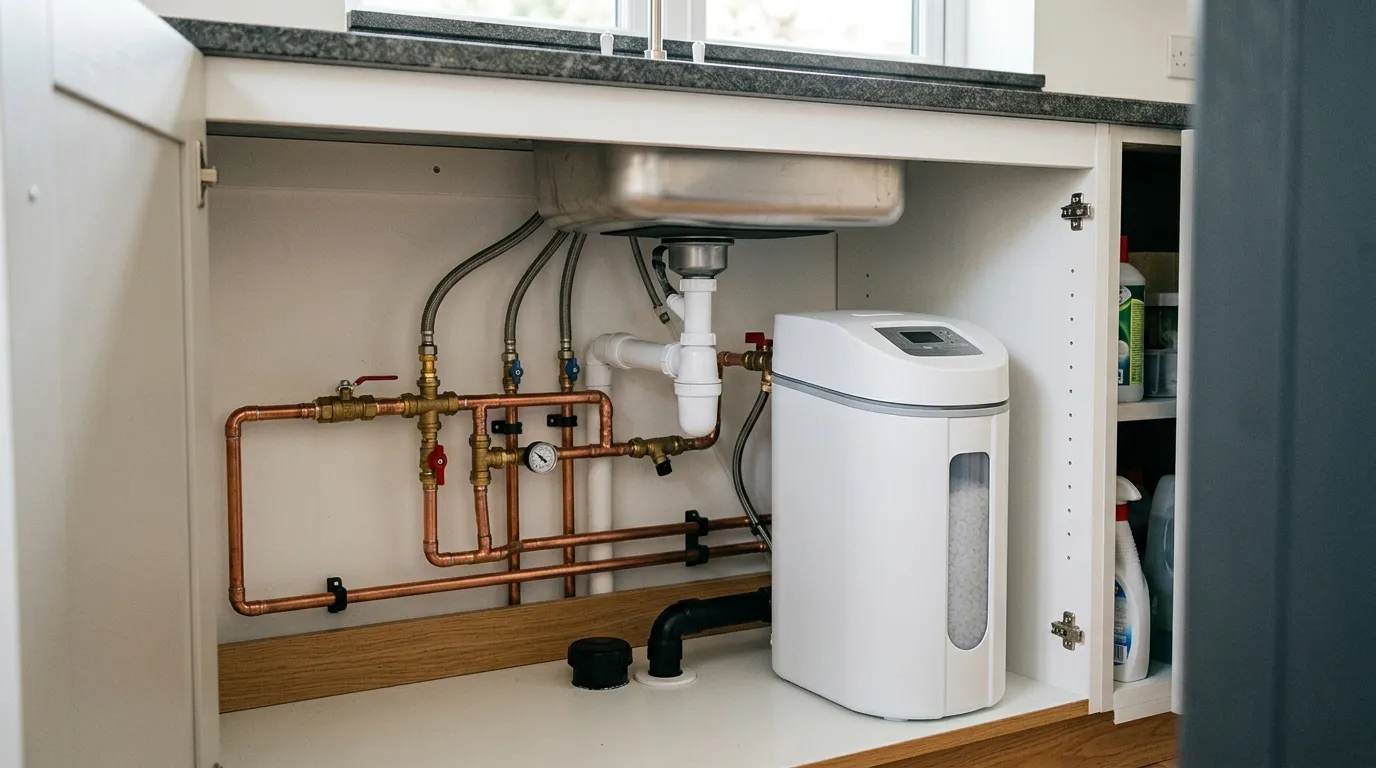 Water softener unit installed under a kitchen sink