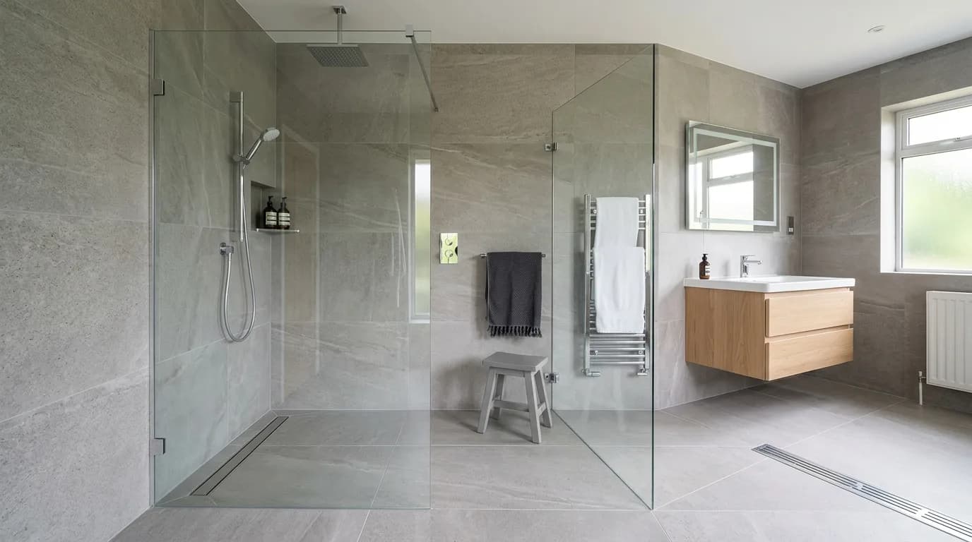 Modern wet room with level-access shower and linear drain in a UK home