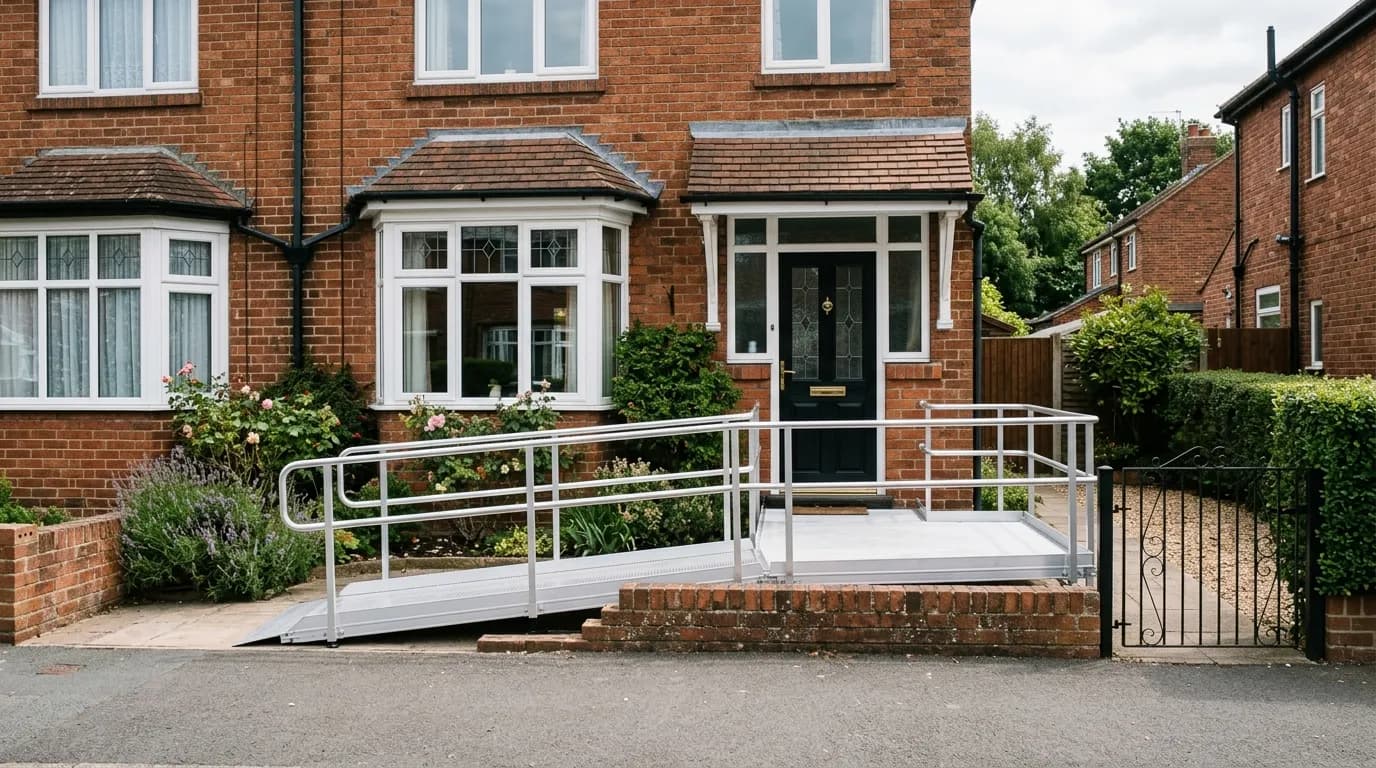 Wheelchair access ramp at the front of a British house