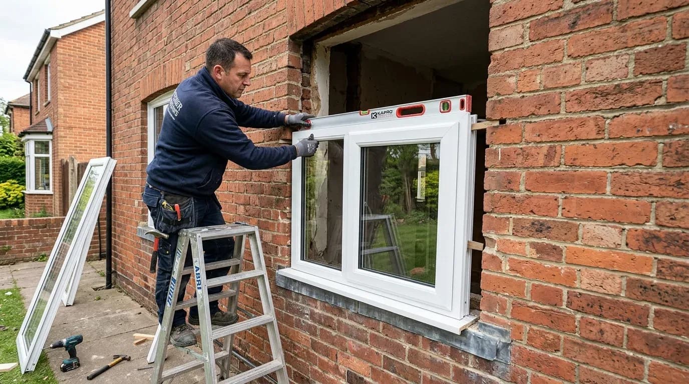 Installer fitting a new uPVC double glazed window into a brick opening on a British home