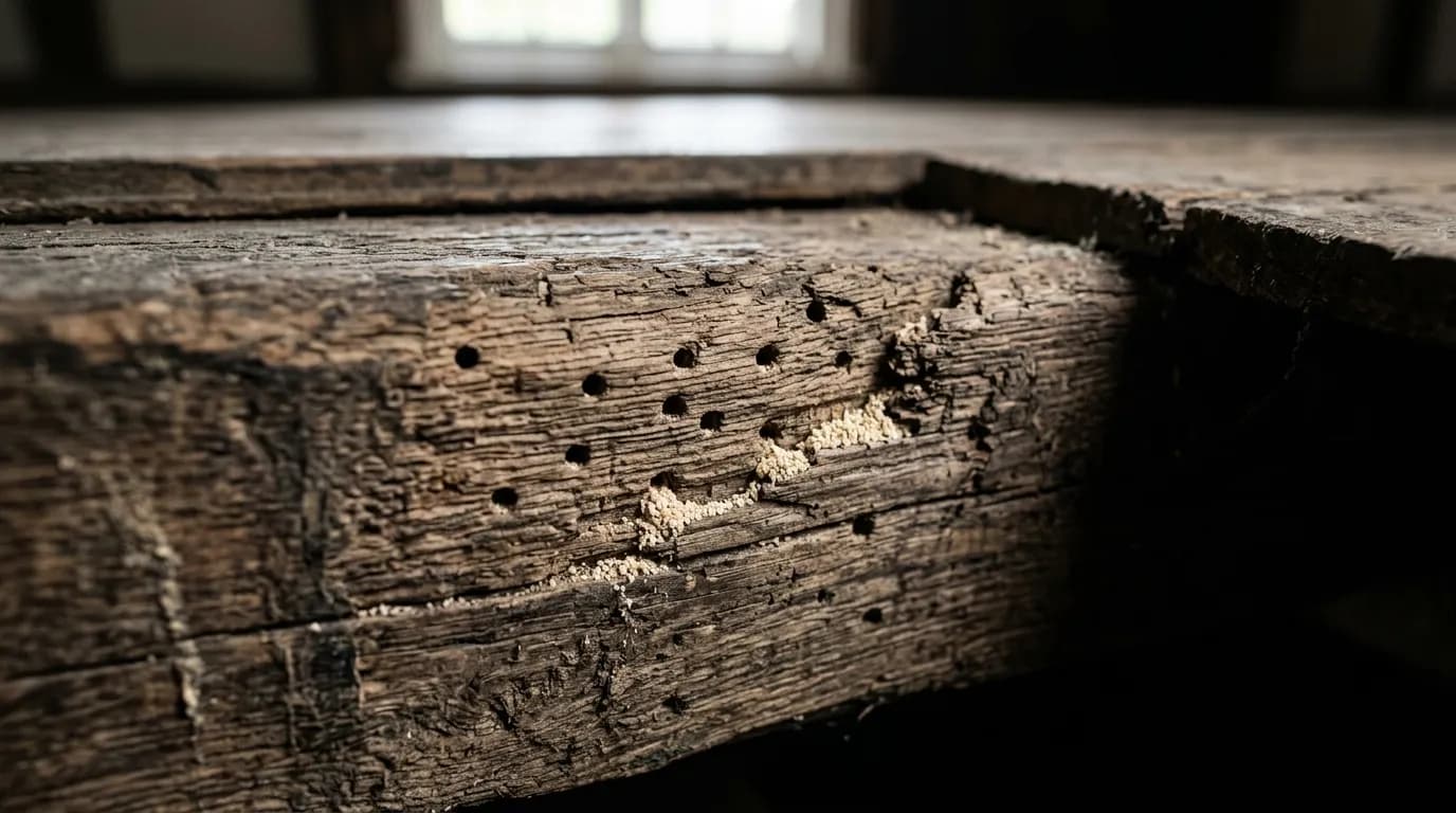 Woodworm exit holes in a timber beam
