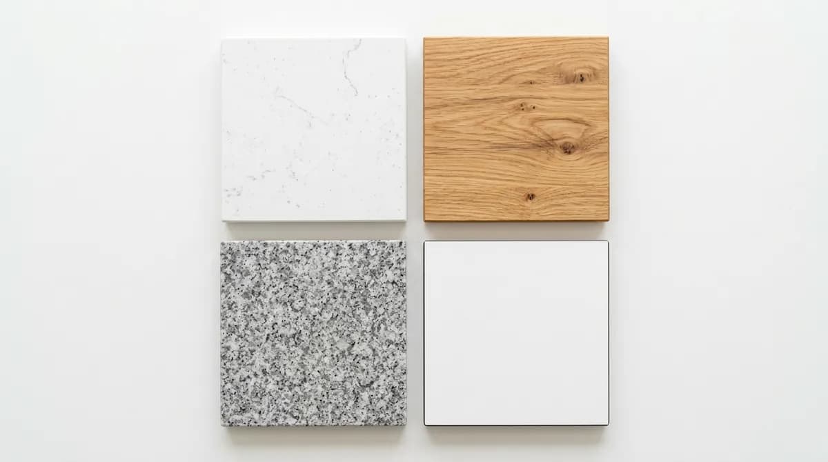 Kitchen worktop material samples showing quartz, oak, granite, and laminate options