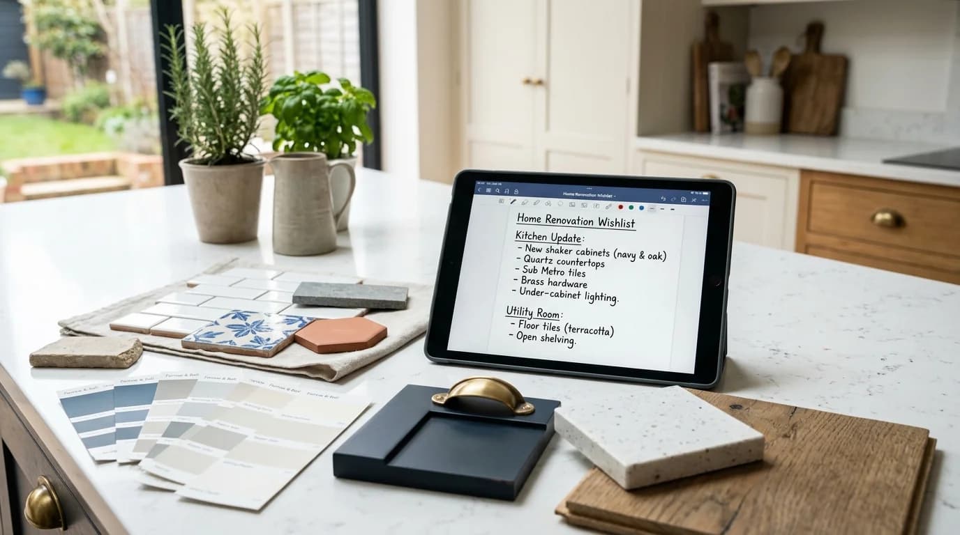 Tablet with renovation wishlist alongside material samples and paint swatches