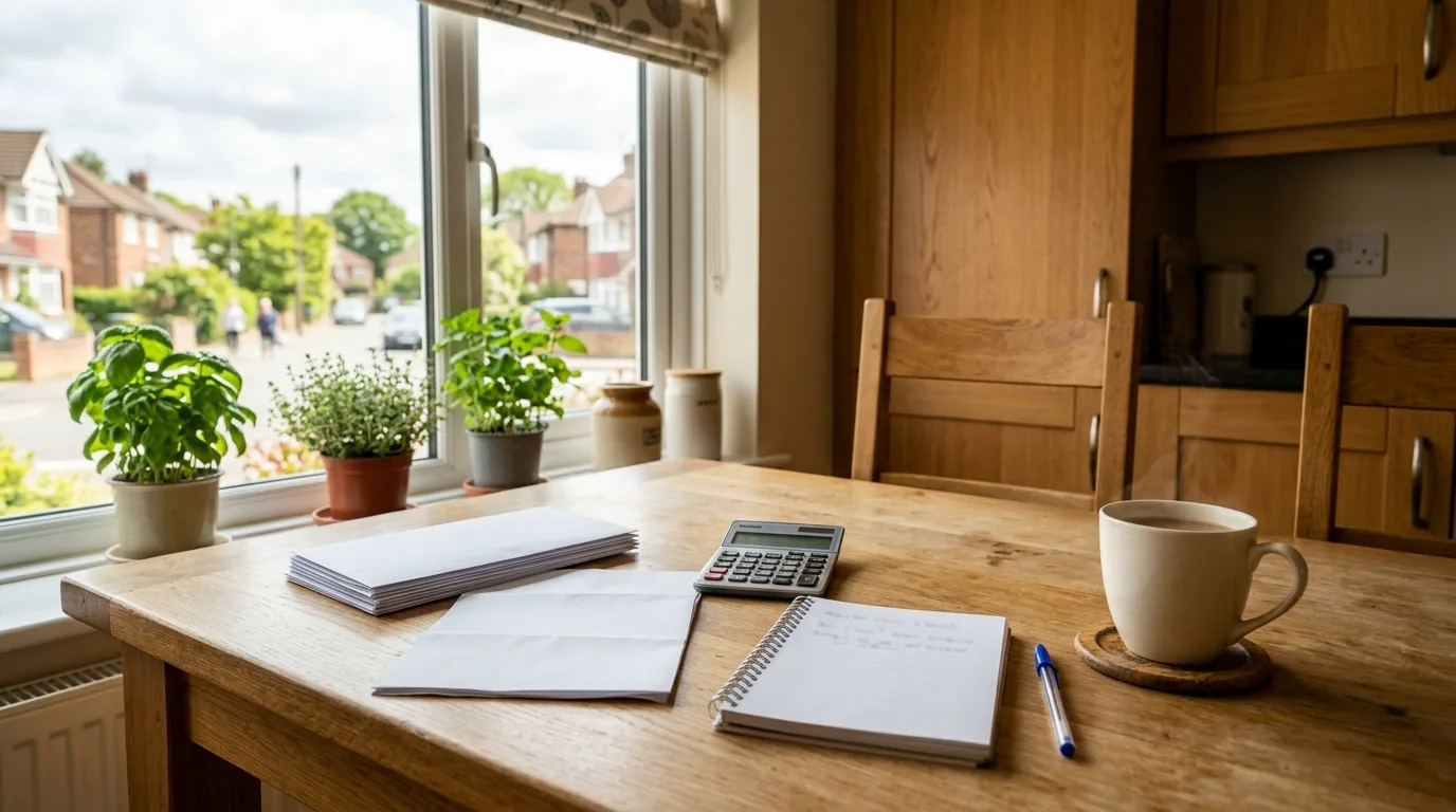 Kitchen table in a British home with bills, a calculator, notepad and mug of tea