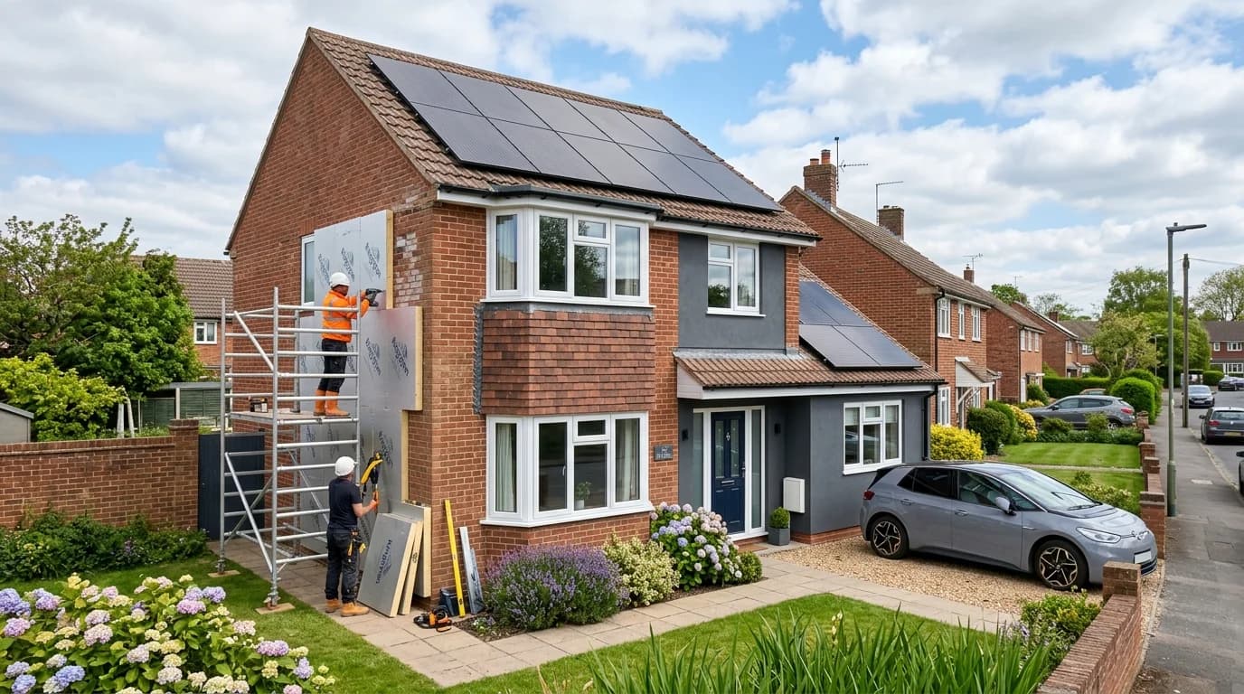 UK home with solar panels and wall insulation being installed
