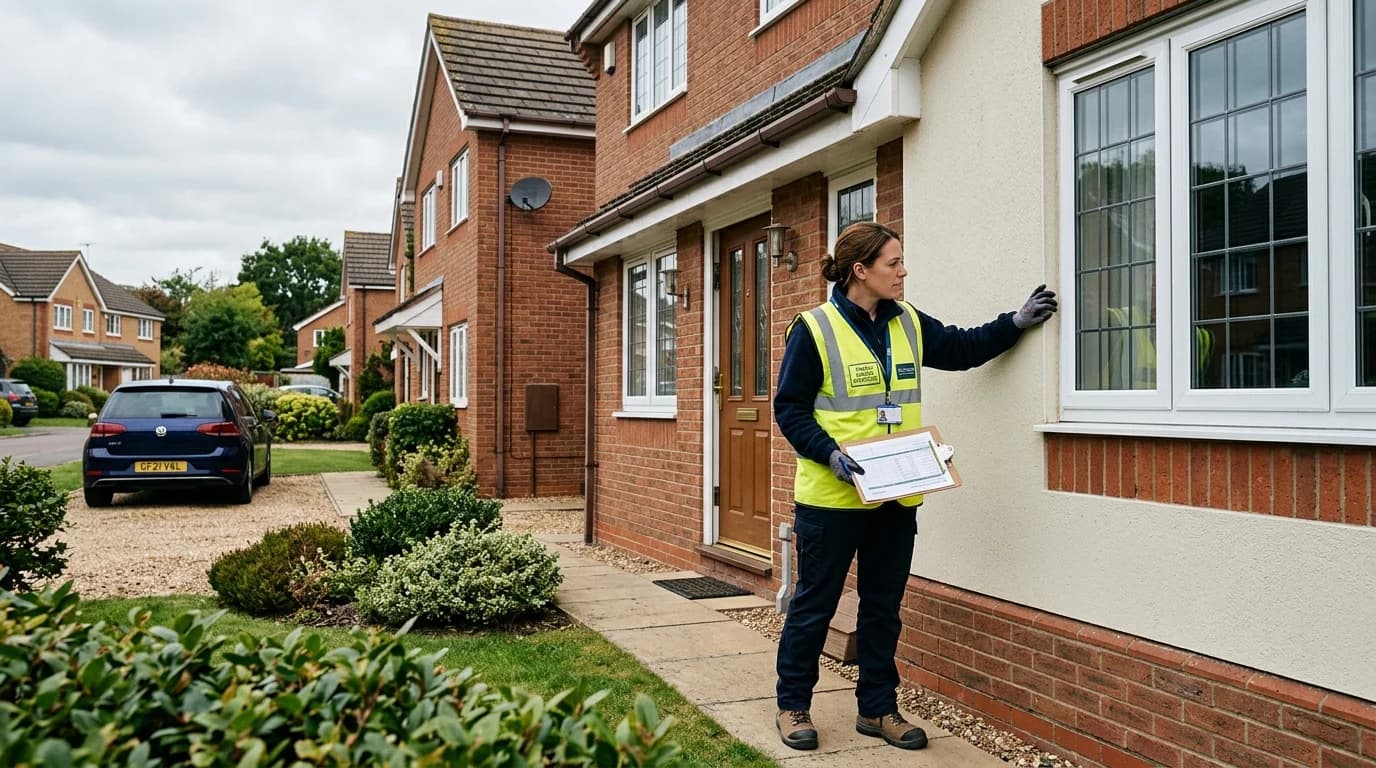 Energy assessor inspecting a UK home exterior with clipboard