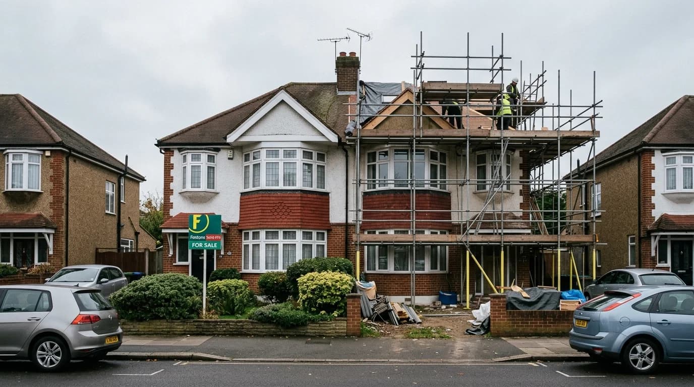 Semi-detached house with for sale sign and scaffolding showing move vs improve dilemma