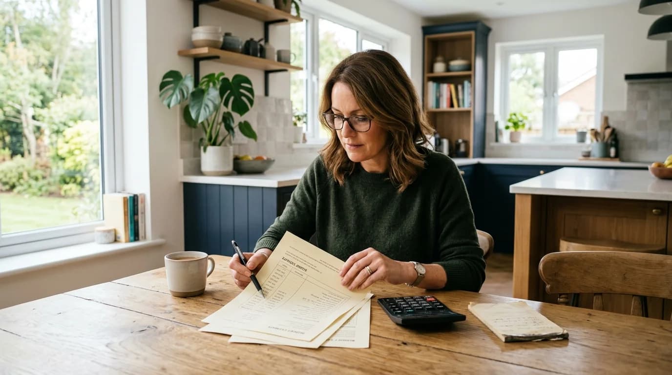 Homeowner reviewing a builder quote with calculator at kitchen table