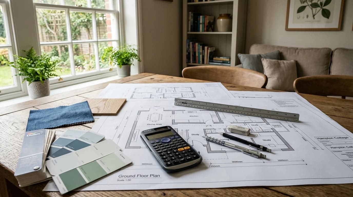 Architectural floor plans with calculator and colour swatches for renovation planning