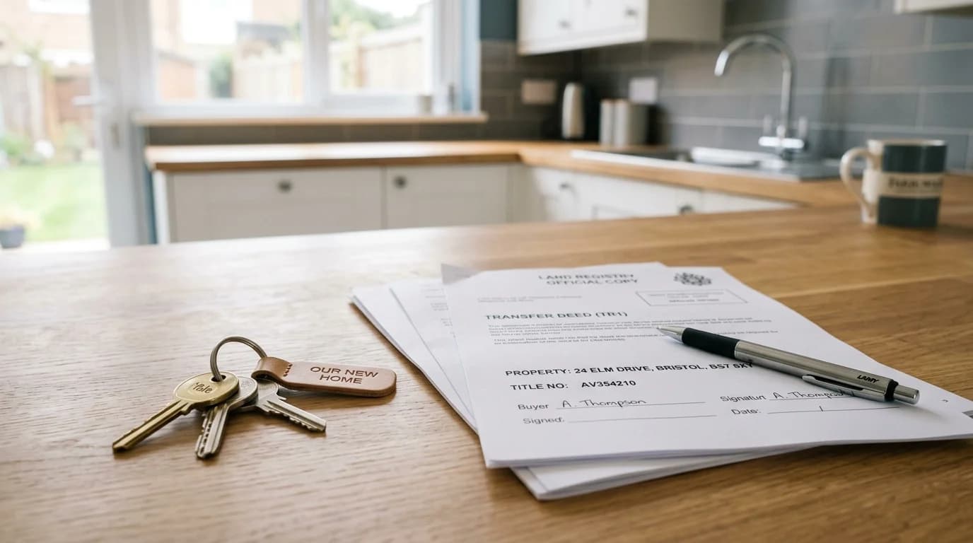 House keys and property transfer paperwork on a kitchen worktop