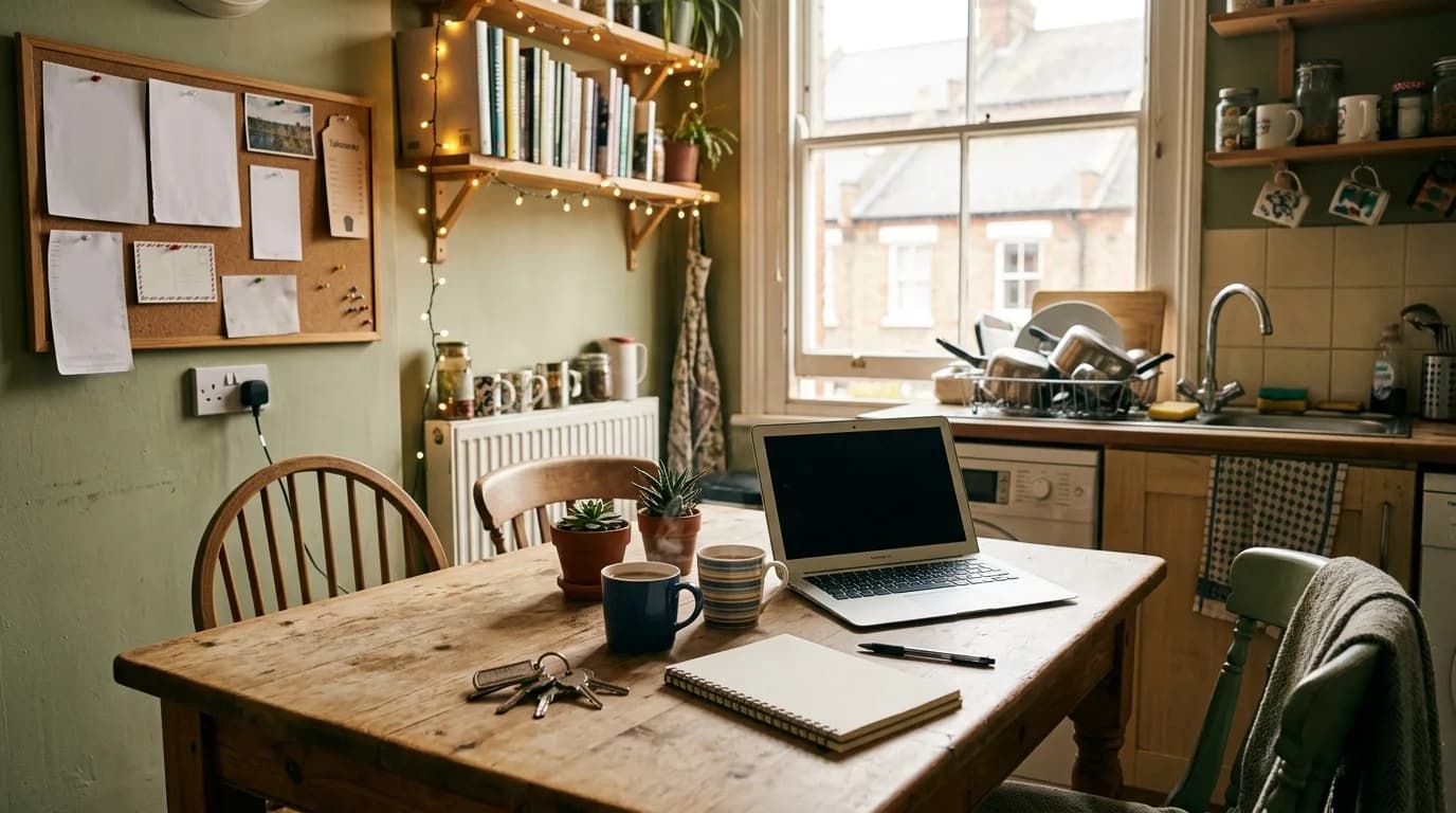 Student house share kitchen in a British terraced house with laptop, mugs and keys on the table